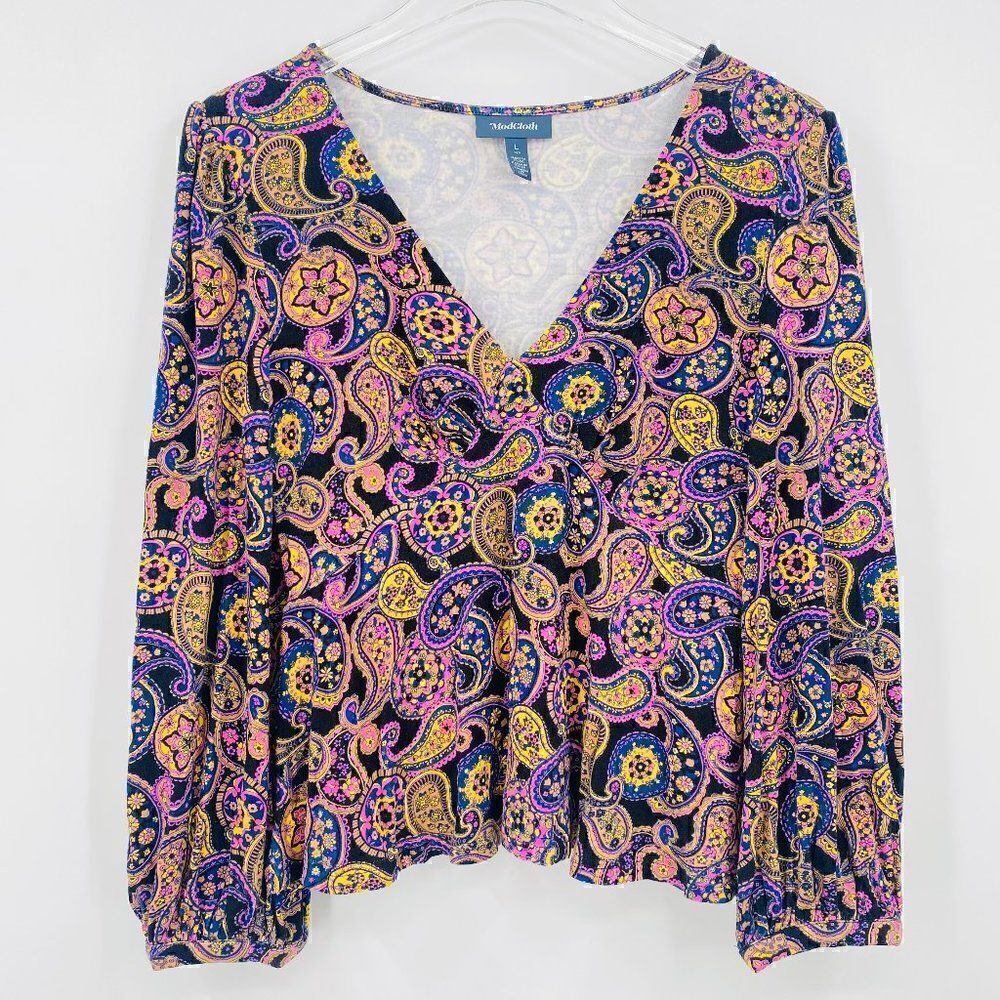 Modcloth Size Large Country Royalty Paisley Print Jersey Knit V Neck Peplum Top